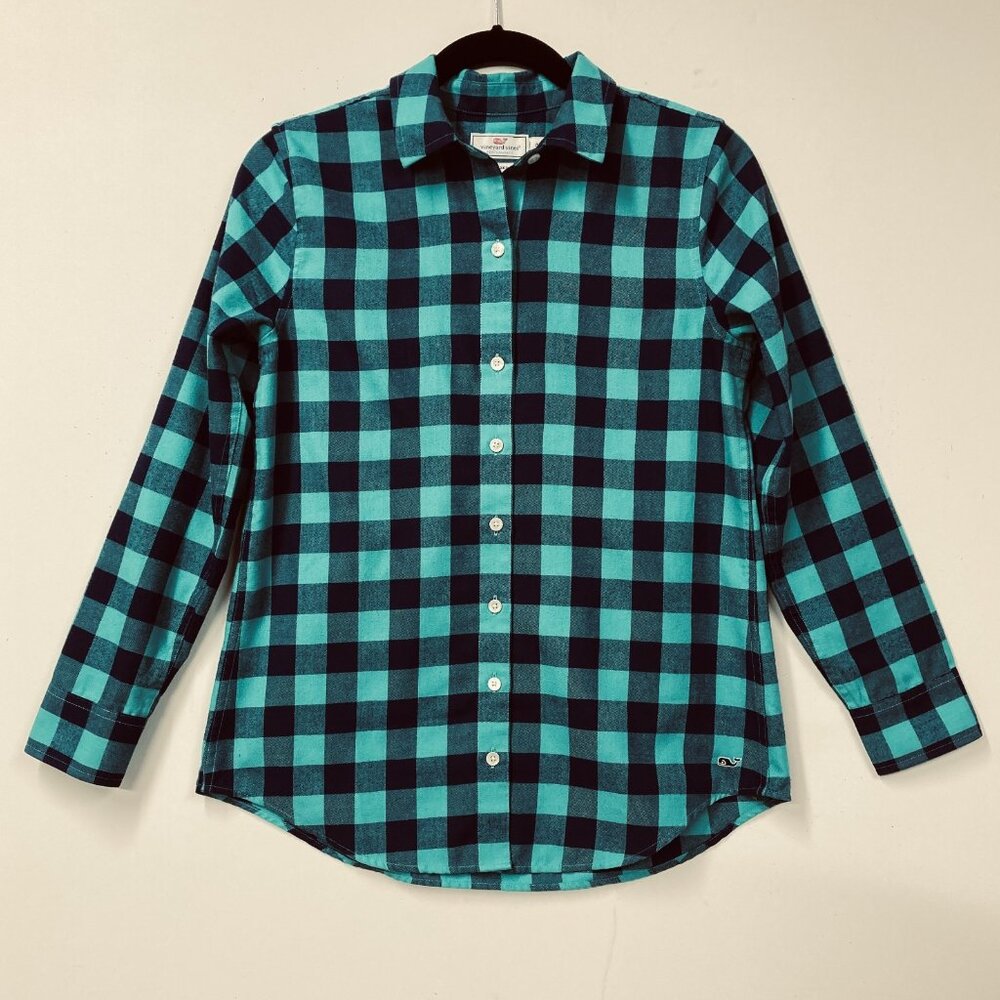 Vineyard Vines Performance Top, Women's 0 (XS), Relaxed Navy & Teal Check - Picture 1 of 11